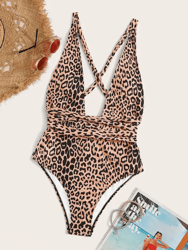 Leopard Criss Cross One Piece Swimwear