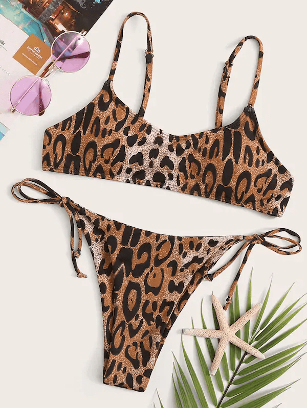 Leopard Spaghetti Strap Top With Tie Side Bikini