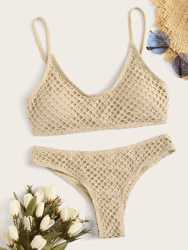 Fishnet Overlay Spaghetti Strap Bikini Set