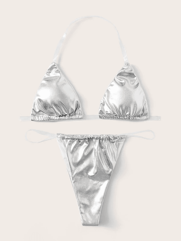 Metallic Halter Top With Thong Bikini Set
