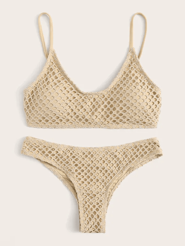 Fishnet Overlay Spaghetti Strap Bikini Set