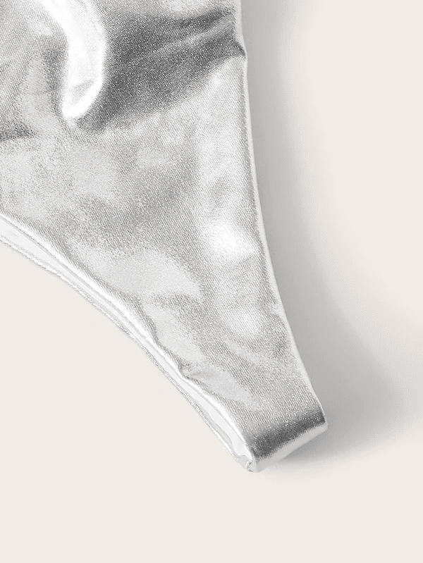 Metallic Halter Top With Thong Bikini Set