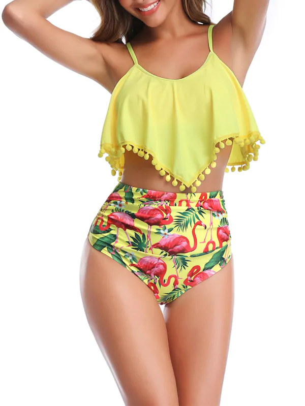 Pom-Pom Trim Hanky Top With Random Tropical Bikini